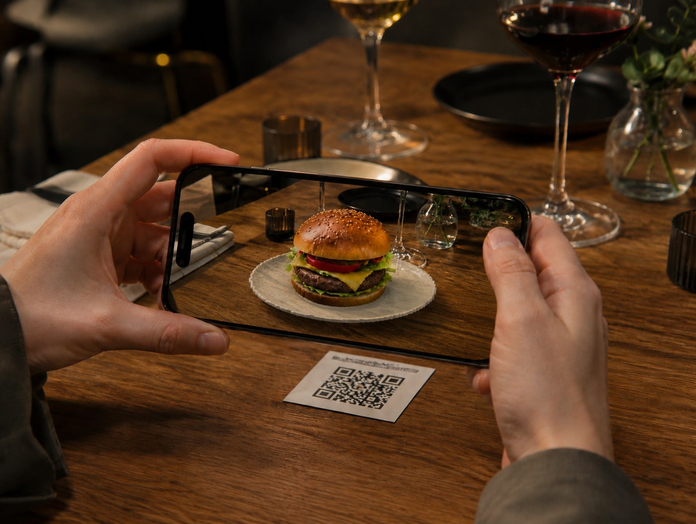 Guest scanning a table QR code to view a 3D dish in AR