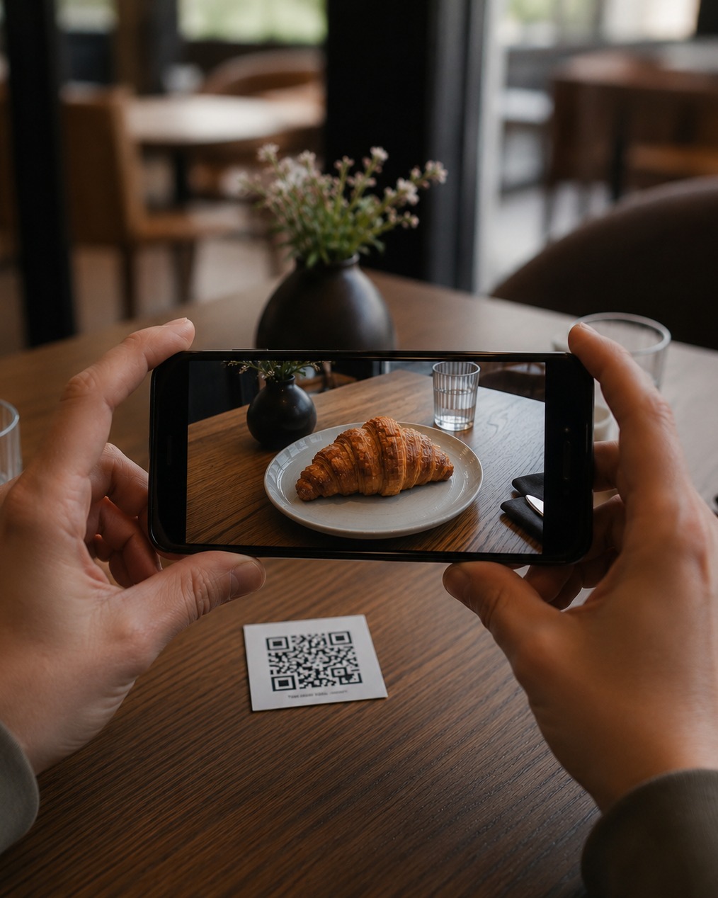 Diner photographing a croissant next to the table's QR code to bring up its AR view